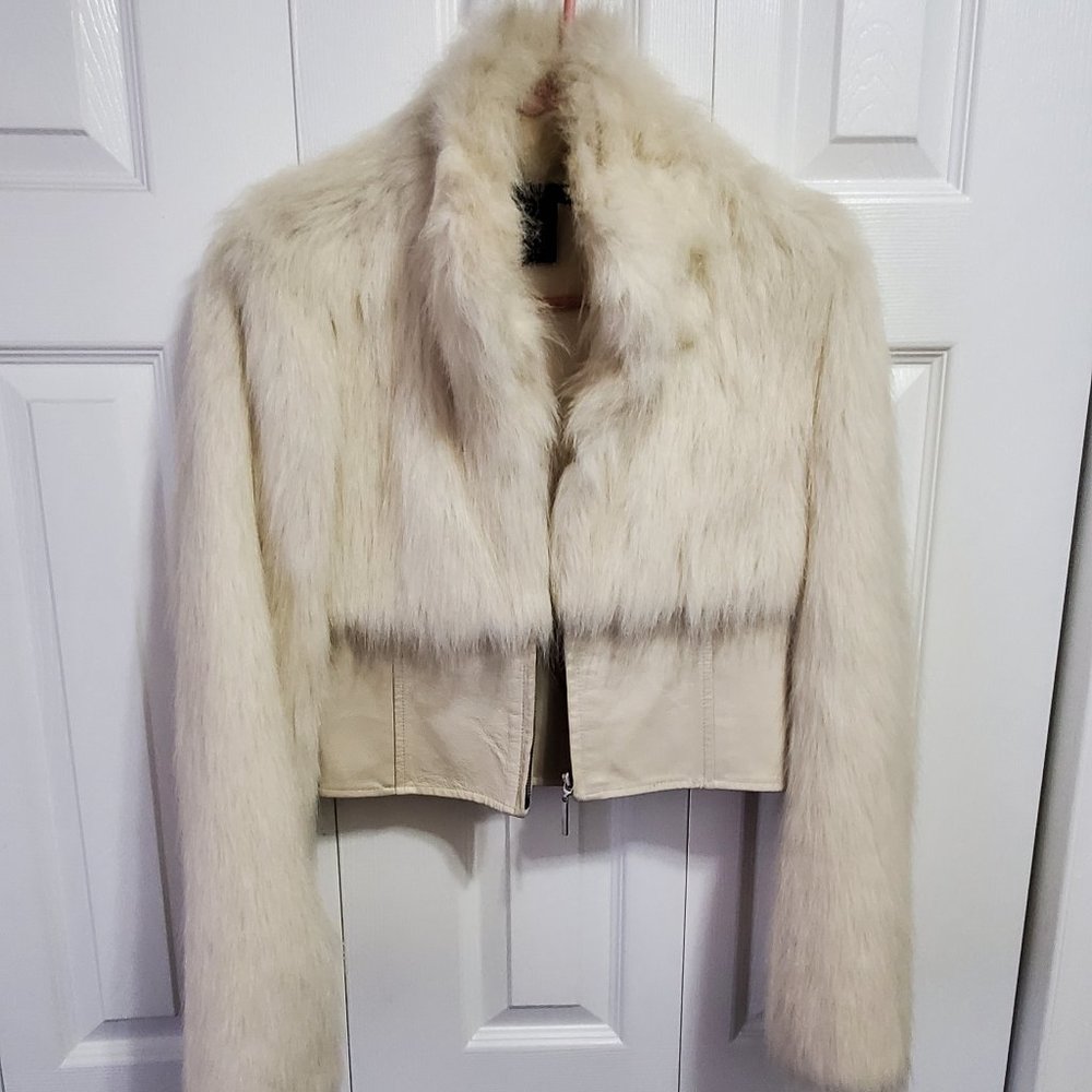 White Leather Fur Zip Jacket Size Small